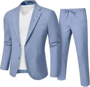 Men's Linen Suit 2 Pieces Regular Fit, Two Buttons Lightweight Jacket and Pants for Beach Wedding, Summer Prom