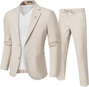 Men's Linen Suit 2 Pieces Regular Fit, Two Buttons Lightweight Jacket and Pants for Beach Wedding, Summer Prom