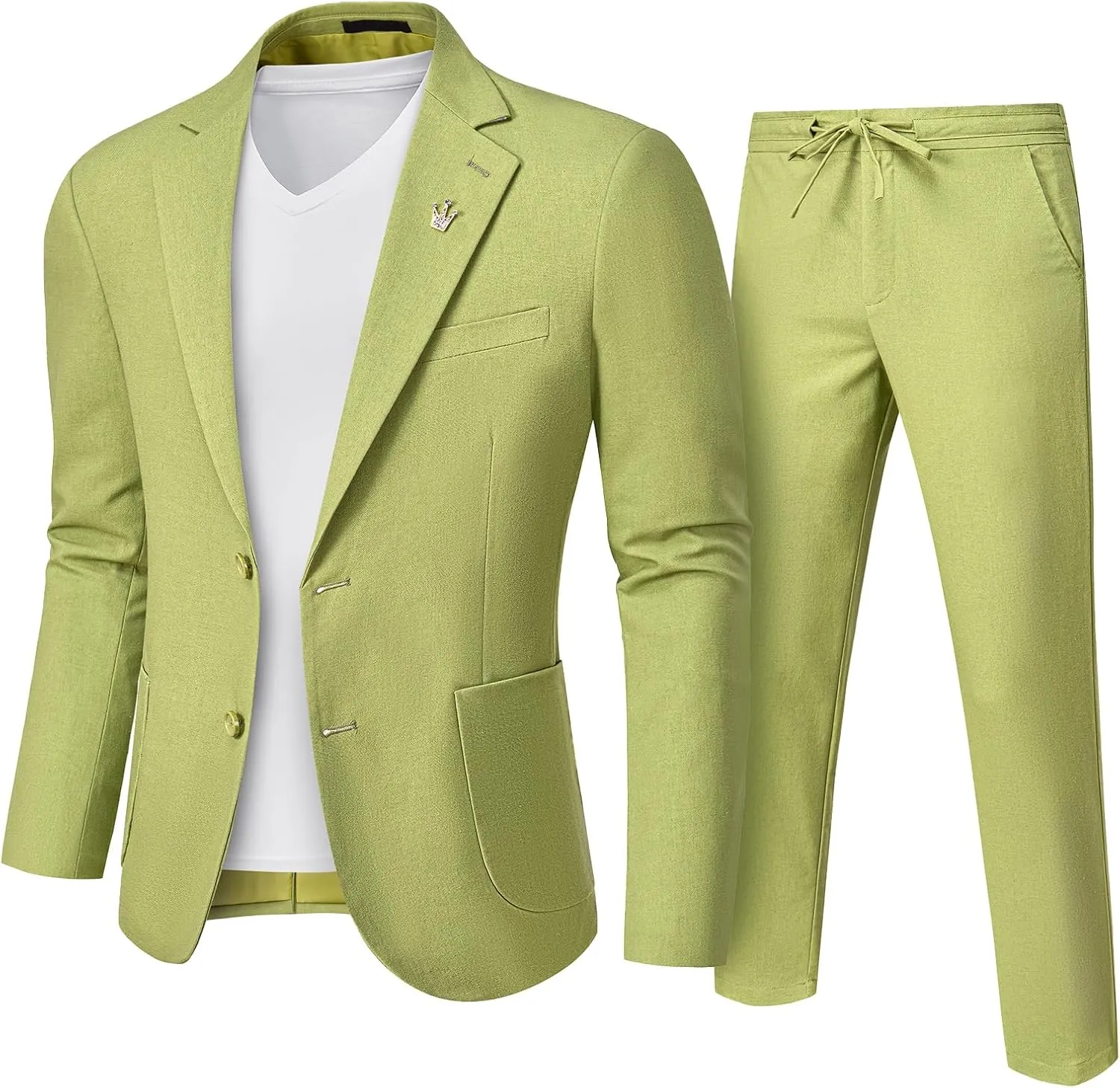 Men's Linen Suit 2 Pieces Regular Fit, Two Buttons Lightweight Jacket and Pants for Beach Wedding, Summer Prom