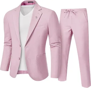 Men's Linen Suit 2 Pieces Regular Fit, Two Buttons Lightweight Jacket and Pants for Beach Wedding, Summer Prom