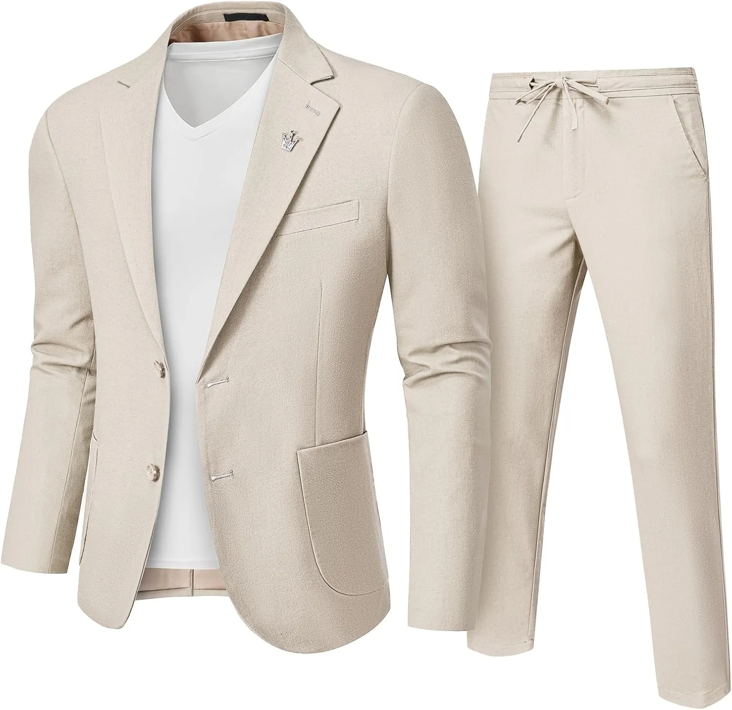 Men's Linen Suit 2 Pieces Regular Fit, Two Buttons Lightweight Jacket and Pants for Beach Wedding, Summer Prom