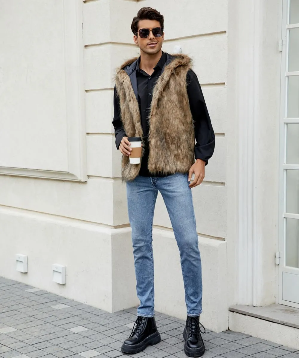 Men`s Luxury Faux Fur Hoodie Coats Sleeveless Jacket Vest With Hood