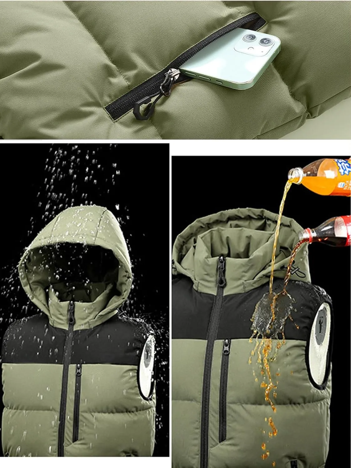 Men's Winter Puffer Vest Removable Hooded Quilted Padded Sleeveless Vest Casual Warm Zip Up Jacket Outerwear