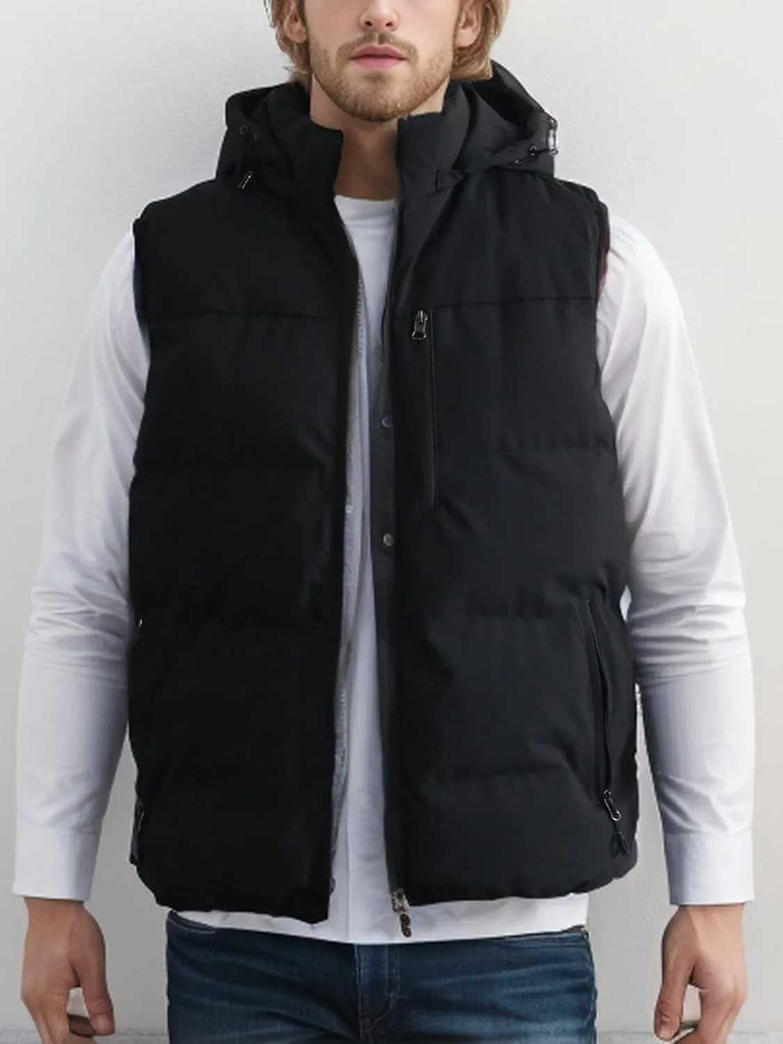 Men's Winter Puffer Vest Removable Hooded Quilted Padded Sleeveless Vest Casual Warm Zip Up Jacket Outerwear