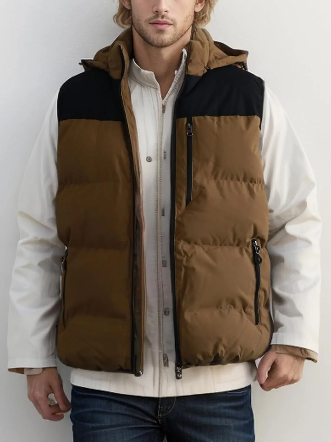 Men's Winter Puffer Vest Removable Hooded Quilted Padded Sleeveless Vest Casual Warm Zip Up Jacket Outerwear