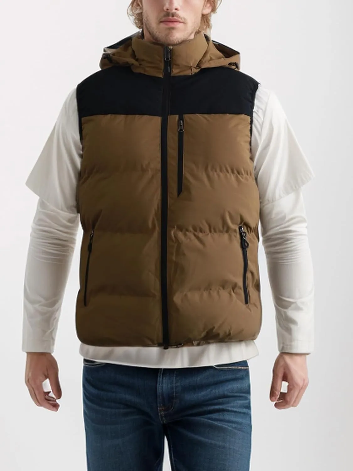 Men's Winter Puffer Vest Removable Hooded Quilted Padded Sleeveless Vest Casual Warm Zip Up Jacket Outerwear
