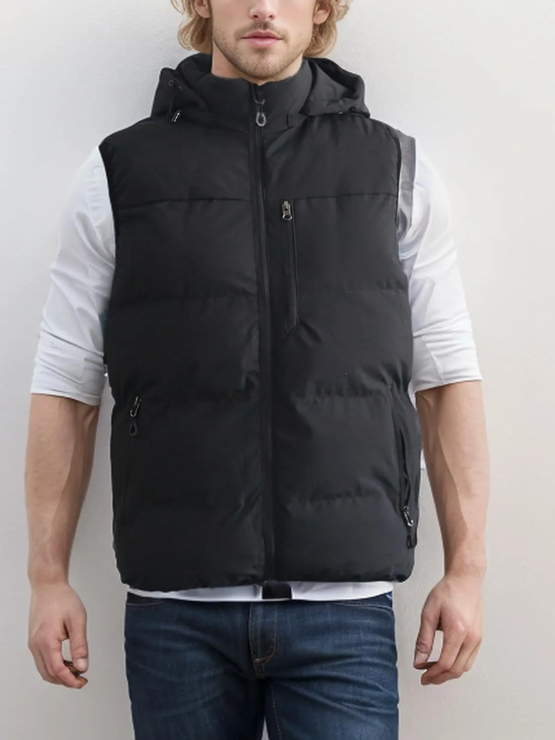 Men's Winter Puffer Vest Removable Hooded Quilted Padded Sleeveless Vest Casual Warm Zip Up Jacket Outerwear