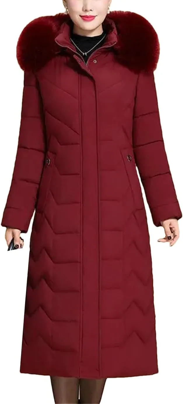Middle-Aged Mother Winter Down Cotton Jacket Large Size X-Long Elegant Female Winter Coat Hooded Fur Padded Parka
