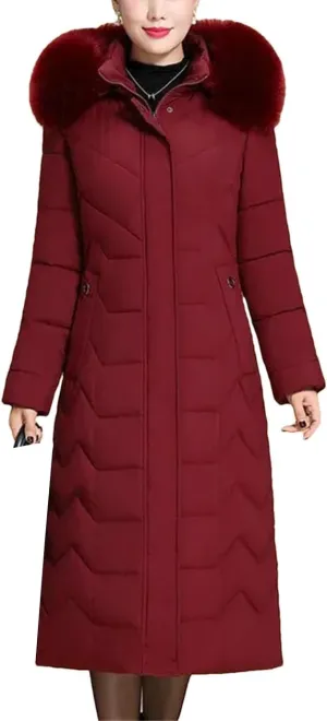 Middle-Aged Mother Winter Down Cotton Jacket Large Size X-Long Elegant Female Winter Coat Hooded Fur Padded Parka