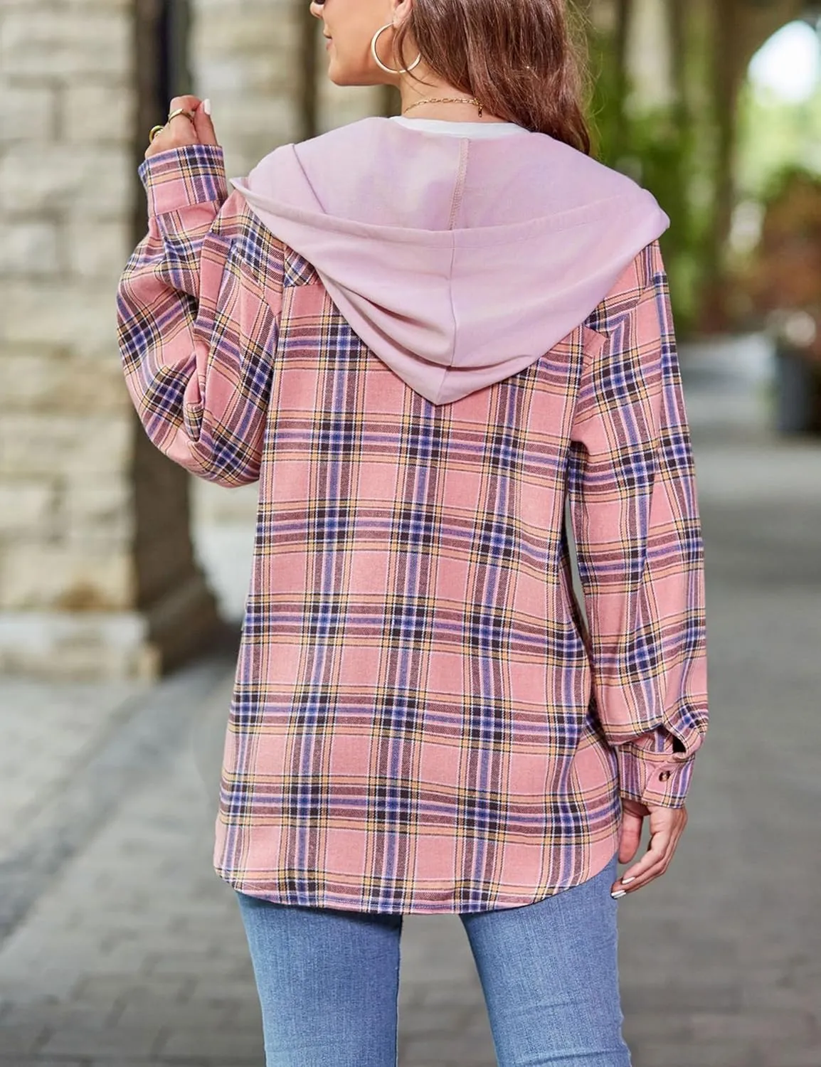 Mingzhu Womens Casual Hooded Flannel Plaid Shirts Button Down Hoodie Shacket with Pockets