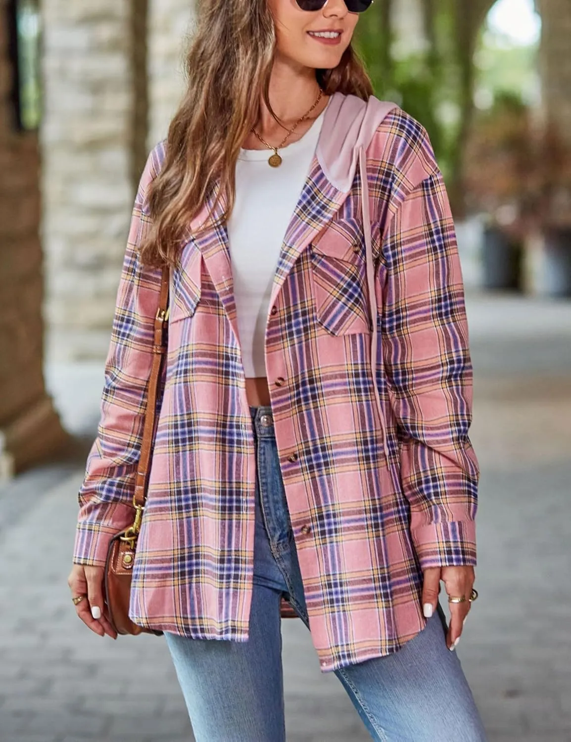 Mingzhu Womens Casual Hooded Flannel Plaid Shirts Button Down Hoodie Shacket with Pockets