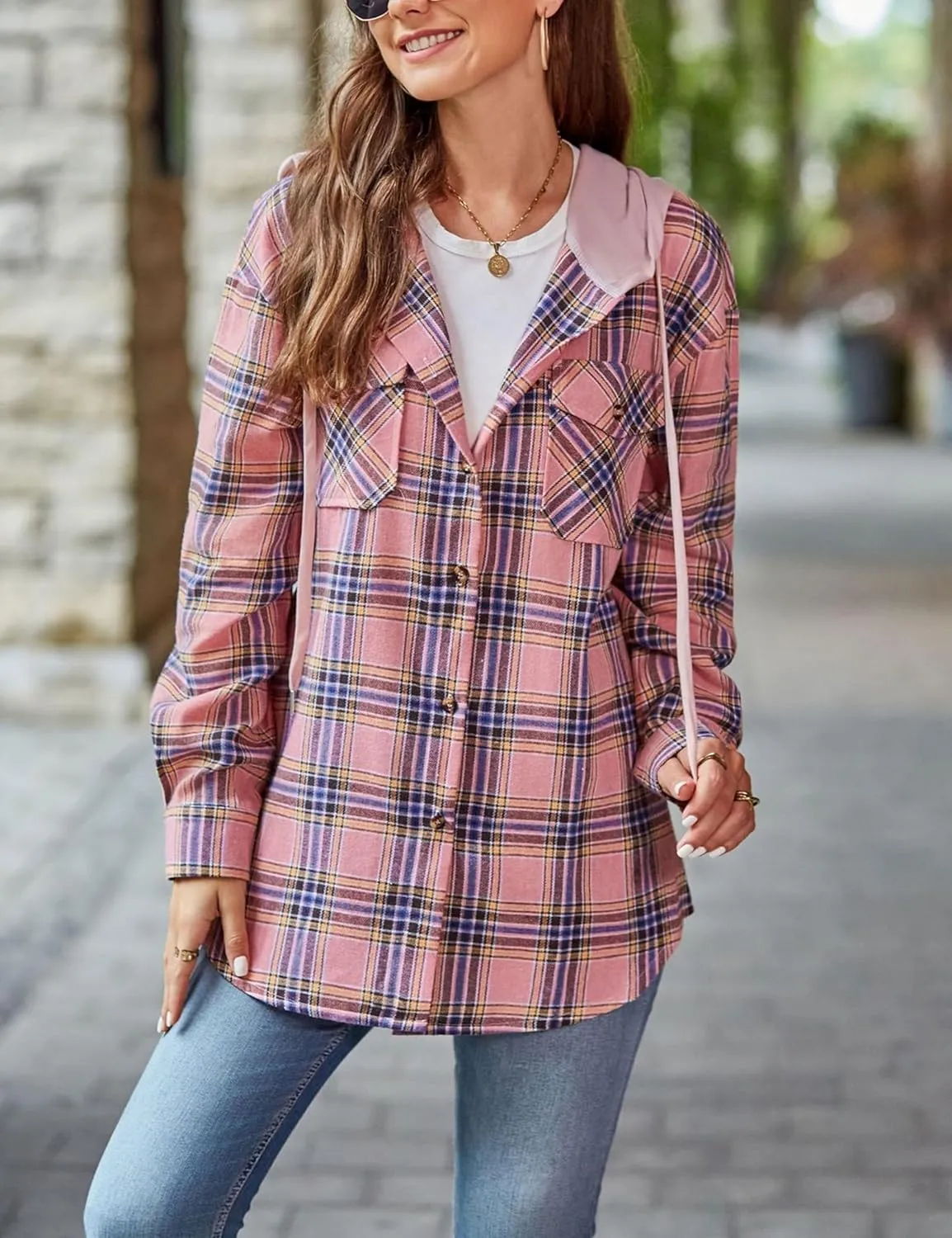 Mingzhu Womens Casual Hooded Flannel Plaid Shirts Button Down Hoodie Shacket with Pockets