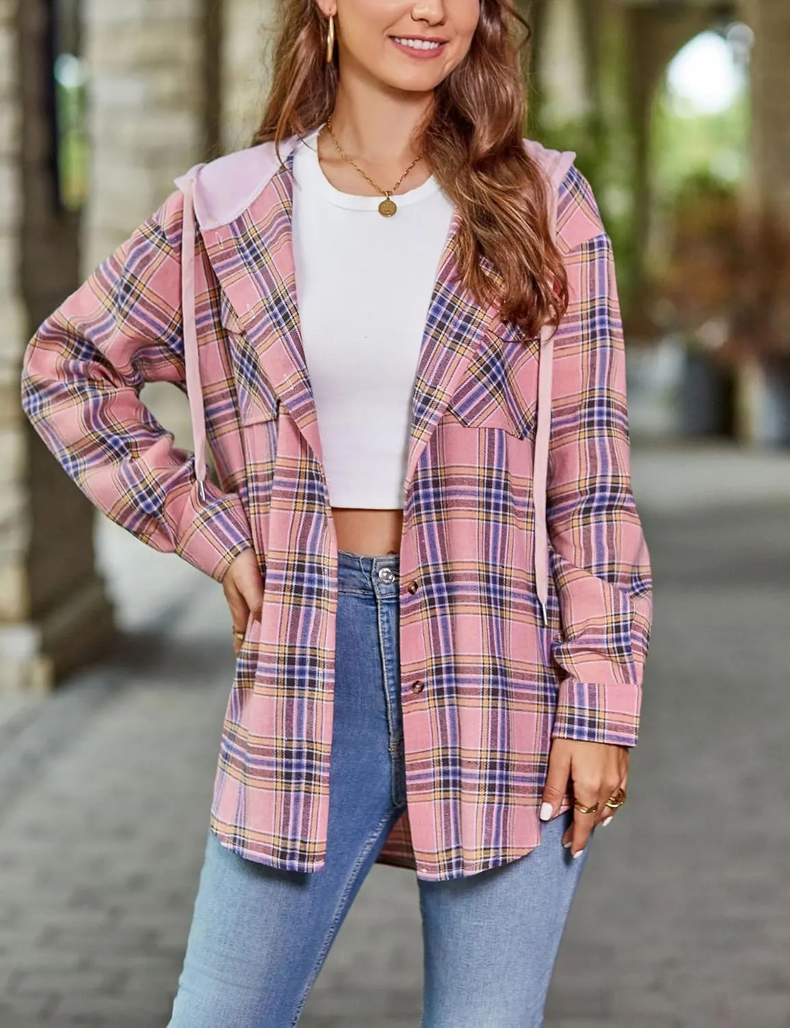 Mingzhu Womens Casual Hooded Flannel Plaid Shirts Button Down Hoodie Shacket with Pockets