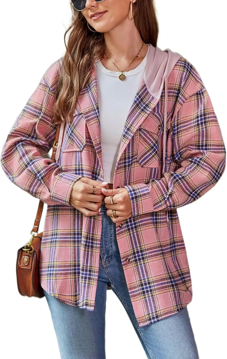 Mingzhu Womens Casual Hooded Flannel Plaid Shirts Button Down Hoodie Shacket with Pockets