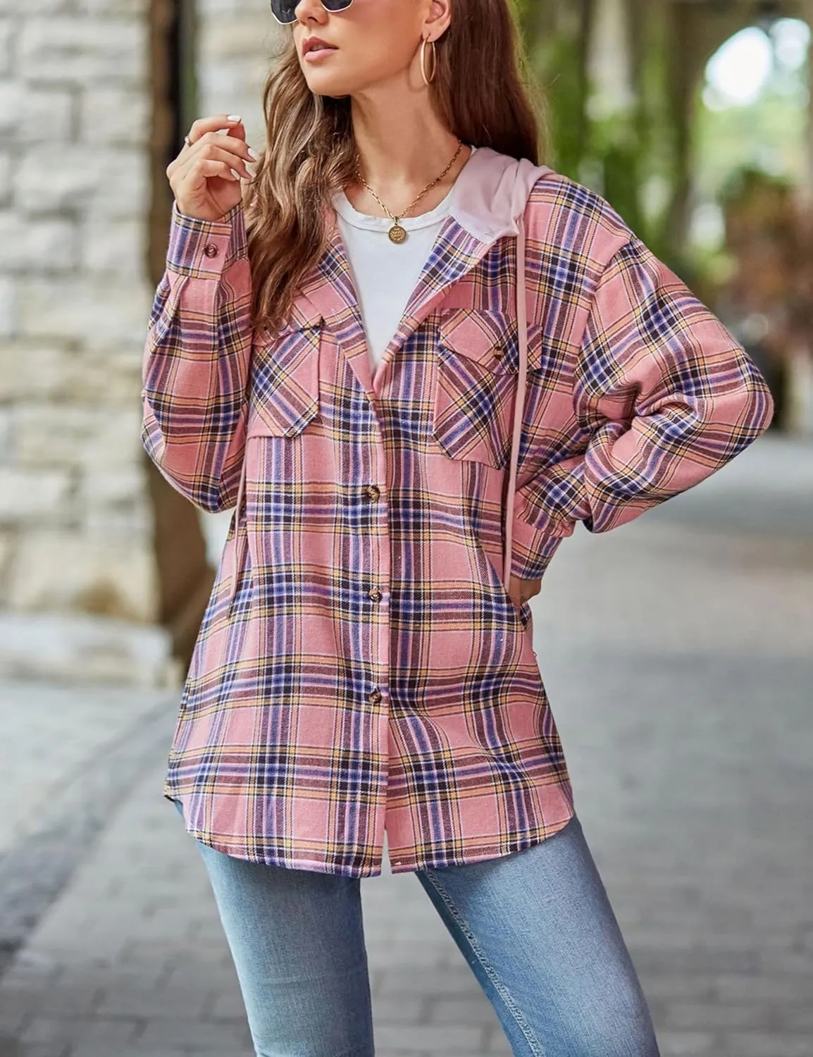 Mingzhu Womens Casual Hooded Flannel Plaid Shirts Button Down Hoodie Shacket with Pockets