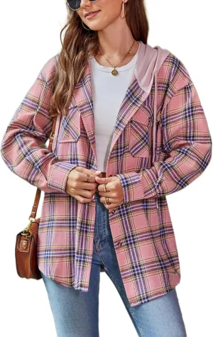 Mingzhu Womens Casual Hooded Flannel Plaid Shirts Button Down Hoodie Shacket with Pockets
