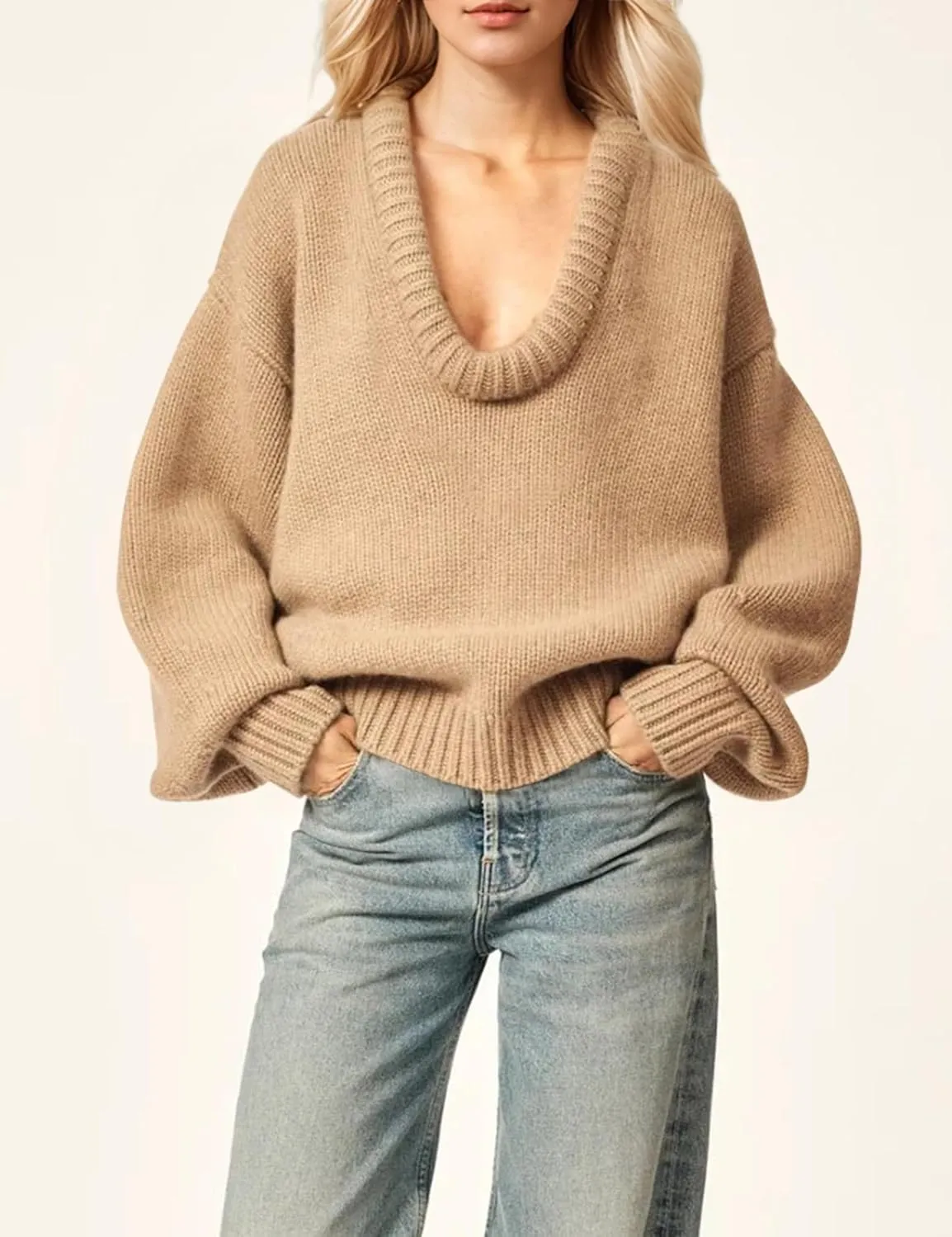 MISSACTIVER Women's Low Cut U Neck Oversized Sweater Casual Solid Long Sleeve Drop Shoulder 2024 Winter Pullover Jumper Tops