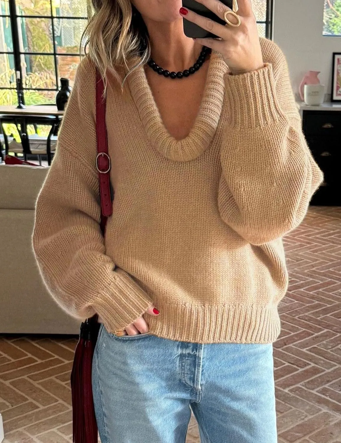 MISSACTIVER Women's Low Cut U Neck Oversized Sweater Casual Solid Long Sleeve Drop Shoulder 2024 Winter Pullover Jumper Tops