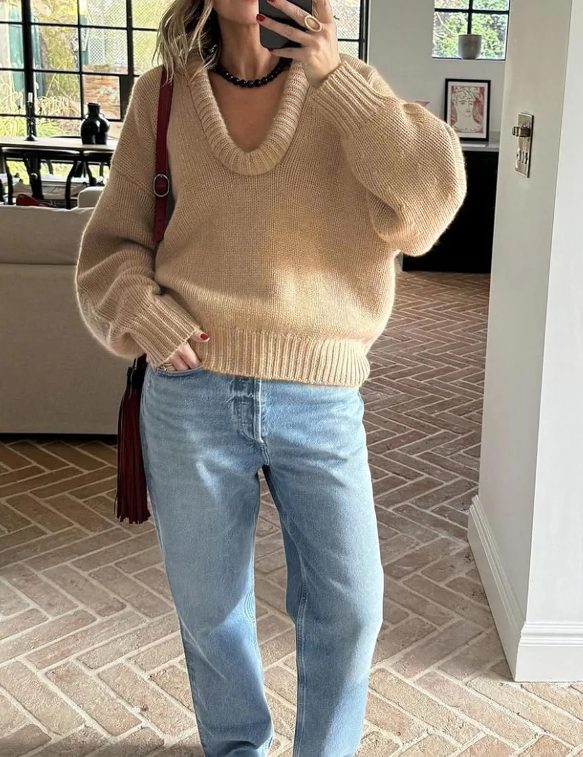 MISSACTIVER Women's Low Cut U Neck Oversized Sweater Casual Solid Long Sleeve Drop Shoulder 2024 Winter Pullover Jumper Tops