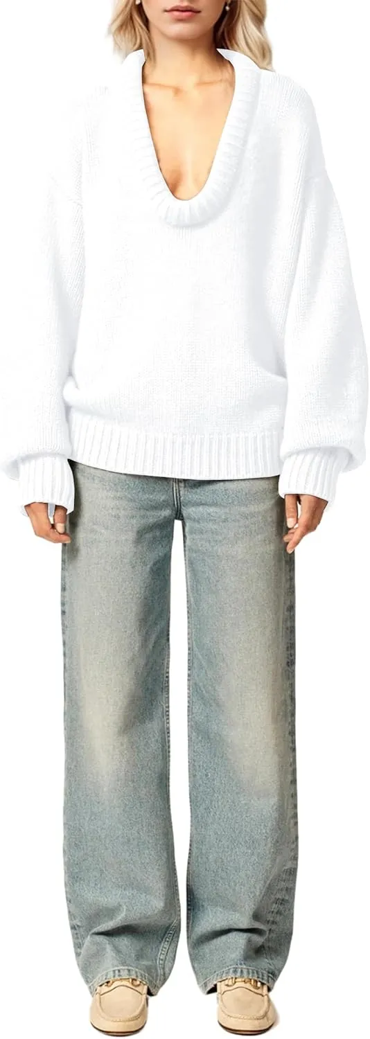 MISSACTIVER Women's Low Cut U Neck Oversized Sweater Casual Solid Long Sleeve Drop Shoulder 2024 Winter Pullover Jumper Tops