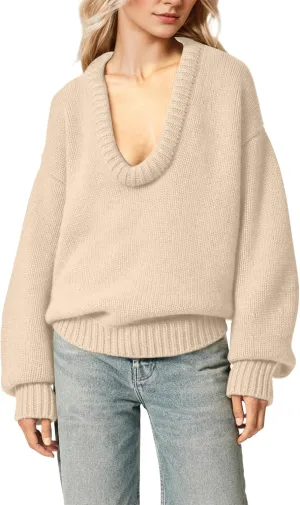 MISSACTIVER Women's Low Cut U Neck Oversized Sweater Casual Solid Long Sleeve Drop Shoulder 2024 Winter Pullover Jumper Tops