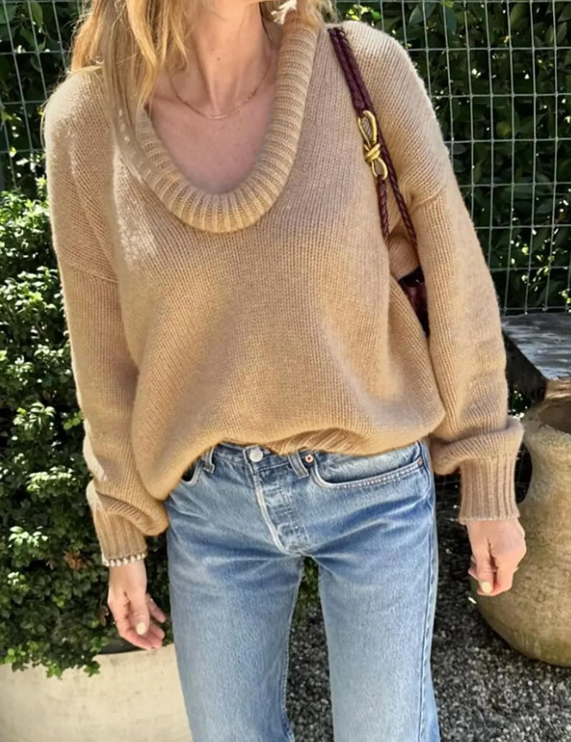 MISSACTIVER Women's Low Cut U Neck Oversized Sweater Casual Solid Long Sleeve Drop Shoulder 2024 Winter Pullover Jumper Tops