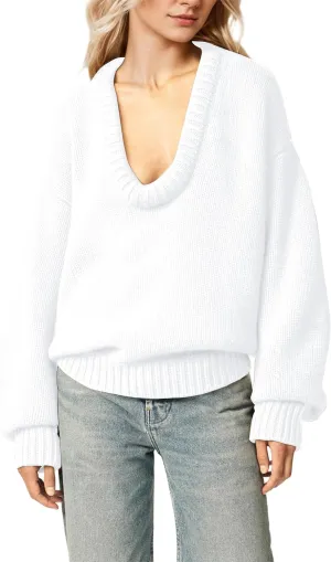 MISSACTIVER Women's Low Cut U Neck Oversized Sweater Casual Solid Long Sleeve Drop Shoulder 2024 Winter Pullover Jumper Tops