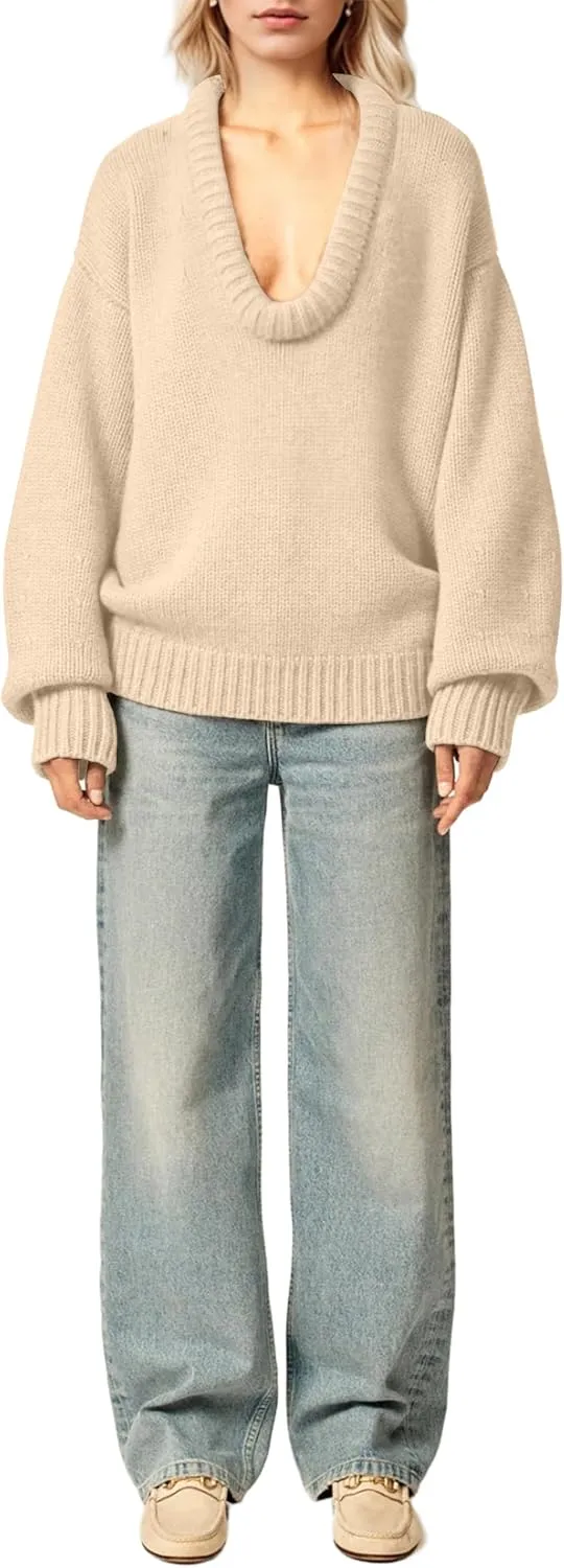 MISSACTIVER Women's Low Cut U Neck Oversized Sweater Casual Solid Long Sleeve Drop Shoulder 2024 Winter Pullover Jumper Tops