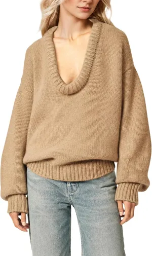 MISSACTIVER Women's Low Cut U Neck Oversized Sweater Casual Solid Long Sleeve Drop Shoulder 2024 Winter Pullover Jumper Tops