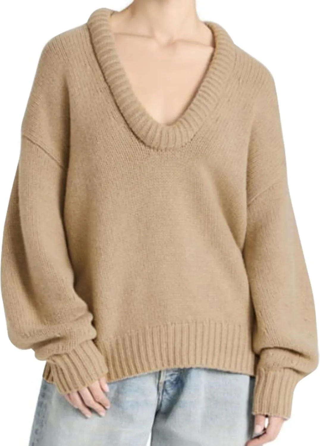 MISSACTIVER Women's Low Cut U Neck Oversized Sweater Casual Solid Long Sleeve Drop Shoulder 2024 Winter Pullover Jumper Tops