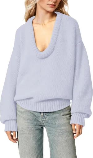 MISSACTIVER Women's Low Cut U Neck Oversized Sweater Casual Solid Long Sleeve Drop Shoulder 2024 Winter Pullover Jumper Tops