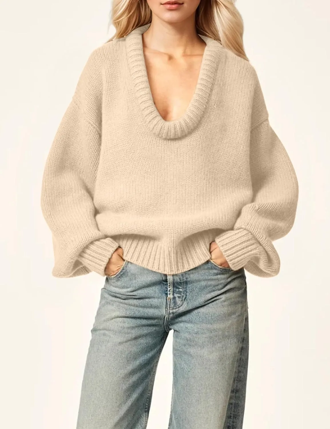 MISSACTIVER Women's Low Cut U Neck Oversized Sweater Casual Solid Long Sleeve Drop Shoulder 2024 Winter Pullover Jumper Tops