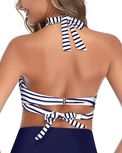 Mix And Match Retro Padded Swimsuit Top-Blue And White Stripes