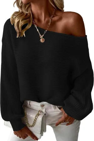 Mokayee Womens Long Sleeve Fall Sexy Casual Off The Shoulder Loose Fit Batwing Asymmetrical Pullover Sweater