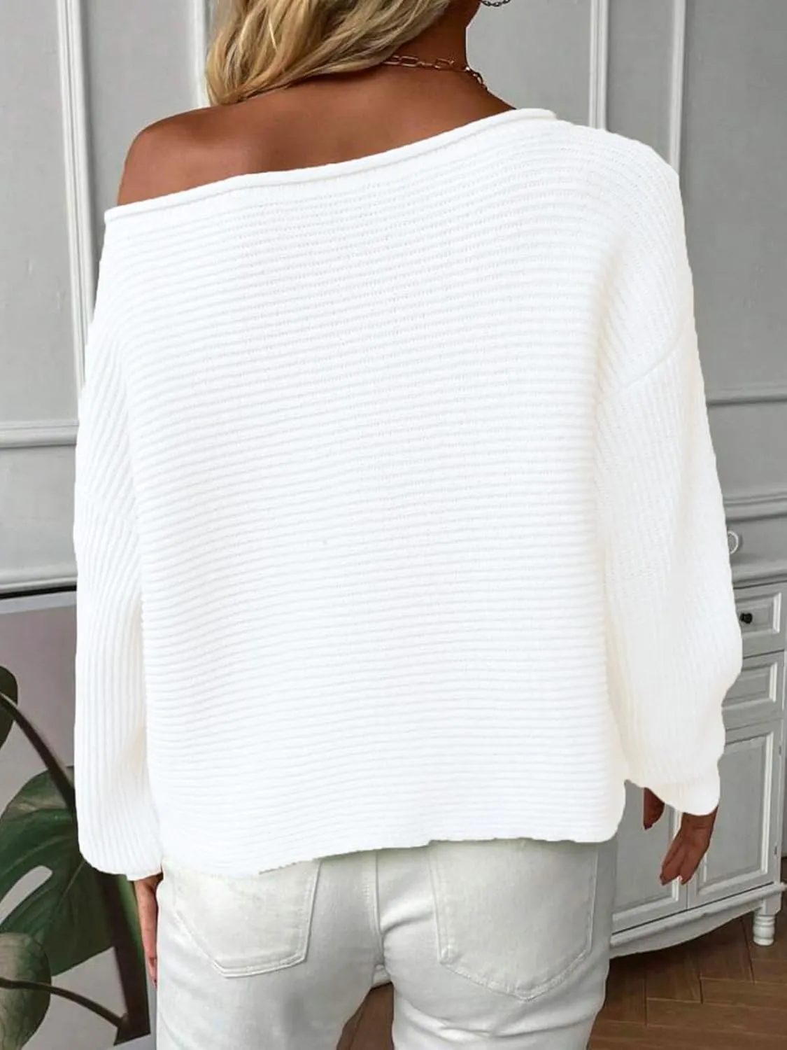 Mokayee Womens Long Sleeve Fall Sexy Casual Off The Shoulder Loose Fit Batwing Asymmetrical Pullover Sweater