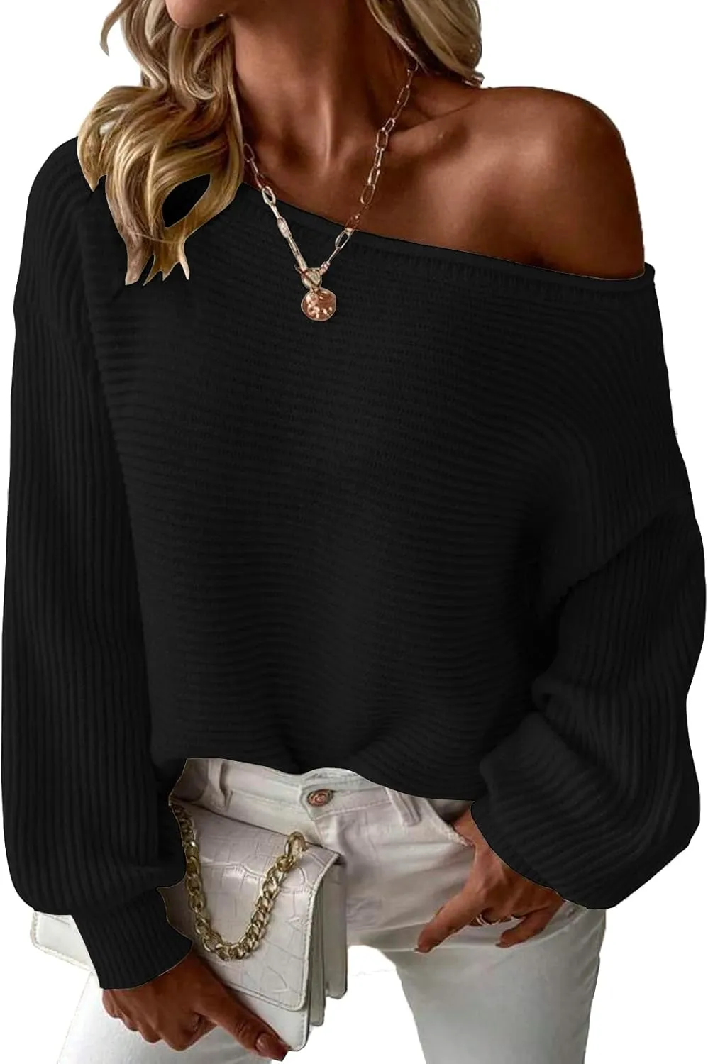 Mokayee Womens Long Sleeve Fall Sexy Casual Off The Shoulder Loose Fit Batwing Asymmetrical Pullover Sweater