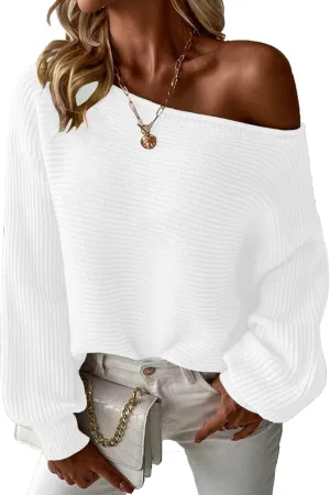 Mokayee Womens Long Sleeve Fall Sexy Casual Off The Shoulder Loose Fit Batwing Asymmetrical Pullover Sweater