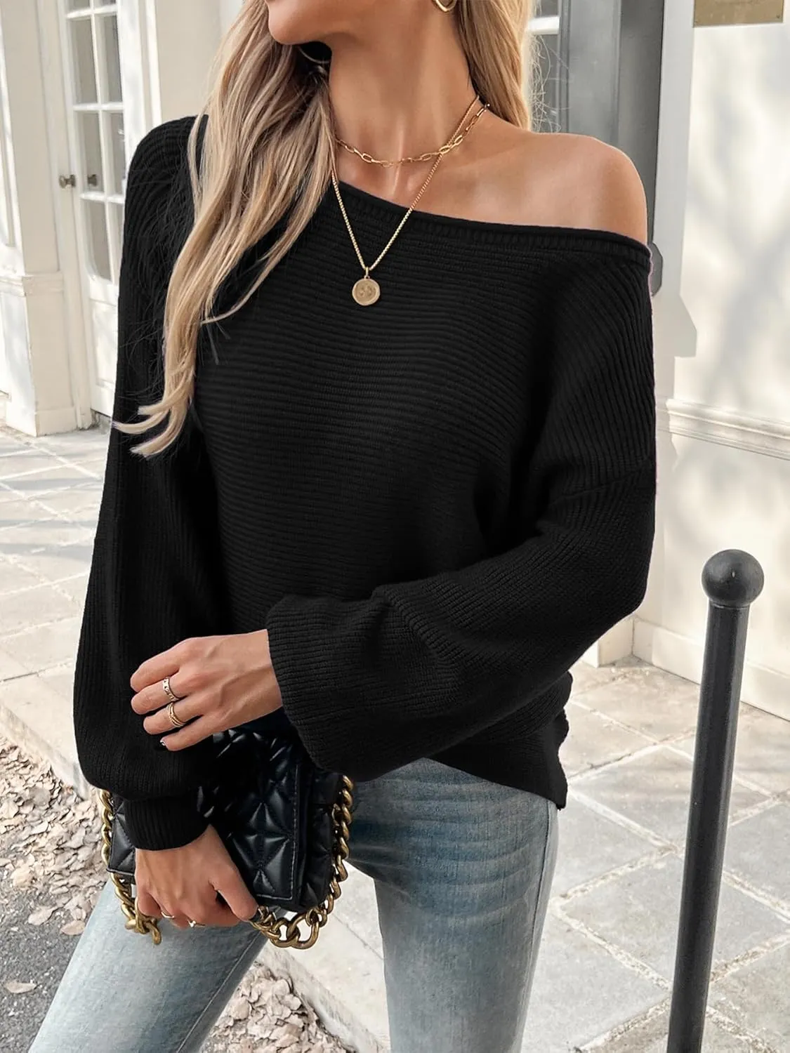 Mokayee Womens Long Sleeve Fall Sexy Casual Off The Shoulder Loose Fit Batwing Asymmetrical Pullover Sweater