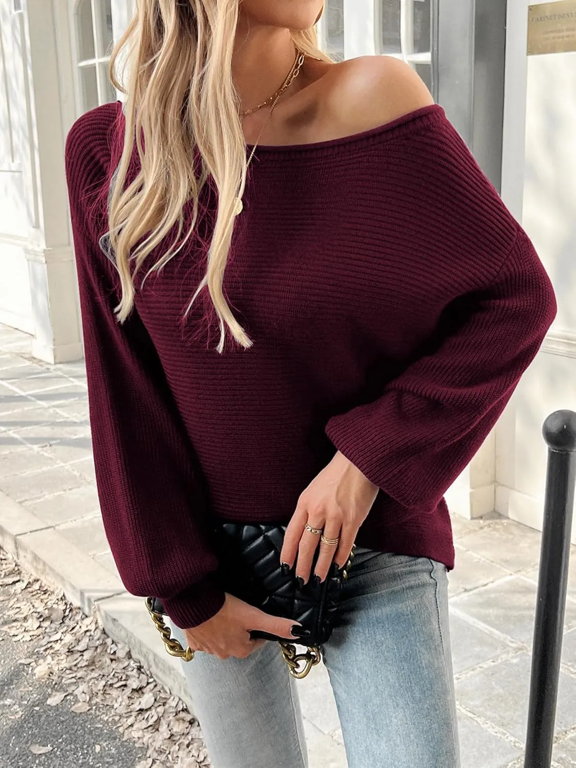 Mokayee Womens Long Sleeve Fall Sexy Casual Off The Shoulder Loose Fit Batwing Asymmetrical Pullover Sweater