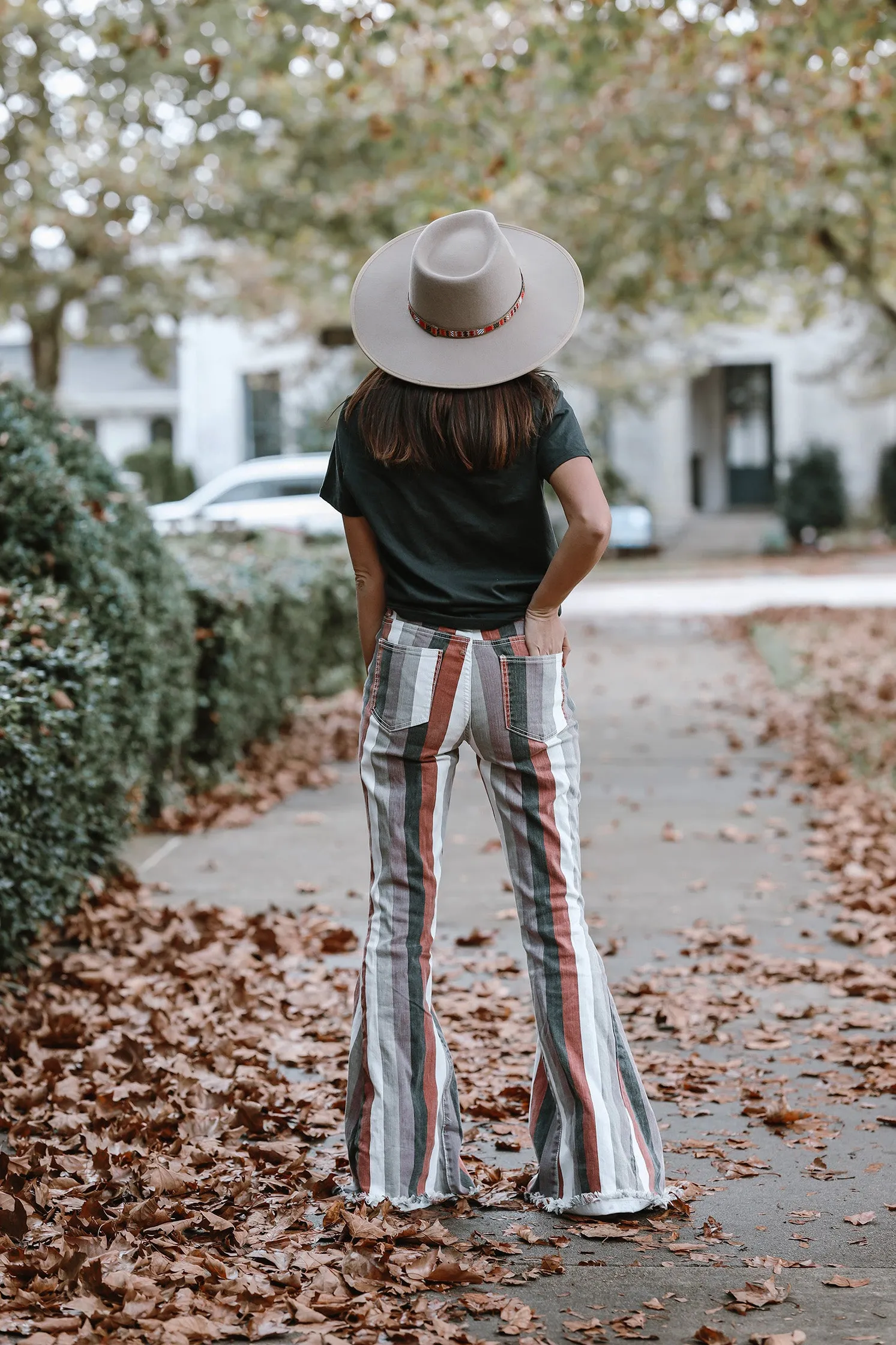 Moody Vibes Stripped Boho Bell Bottoms- Rust *RESTOCKED*