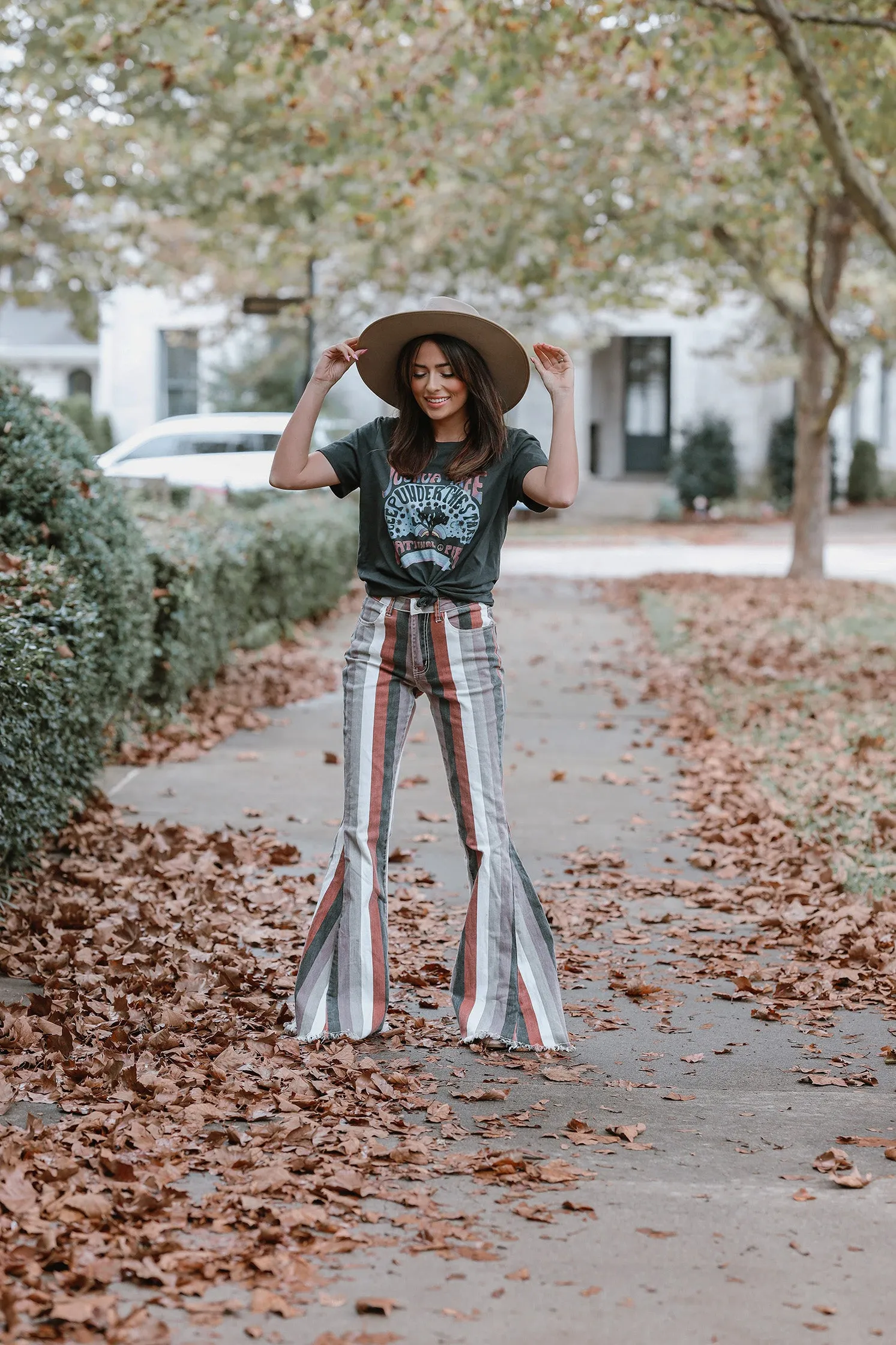 Moody Vibes Stripped Boho Bell Bottoms- Rust *RESTOCKED*