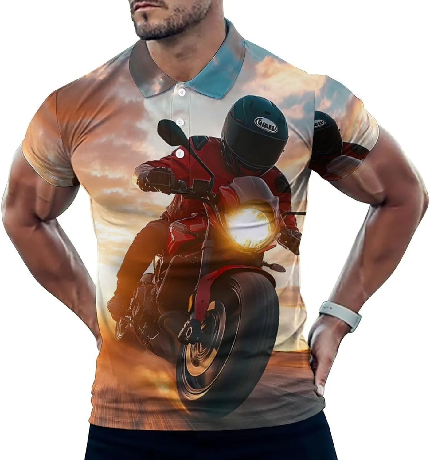 Motocross Dirt Bike Sunset Slim Fit Men's Short Sleeve Polo Shirts Quick-Dry Breathable Golf T-Shirt Tops