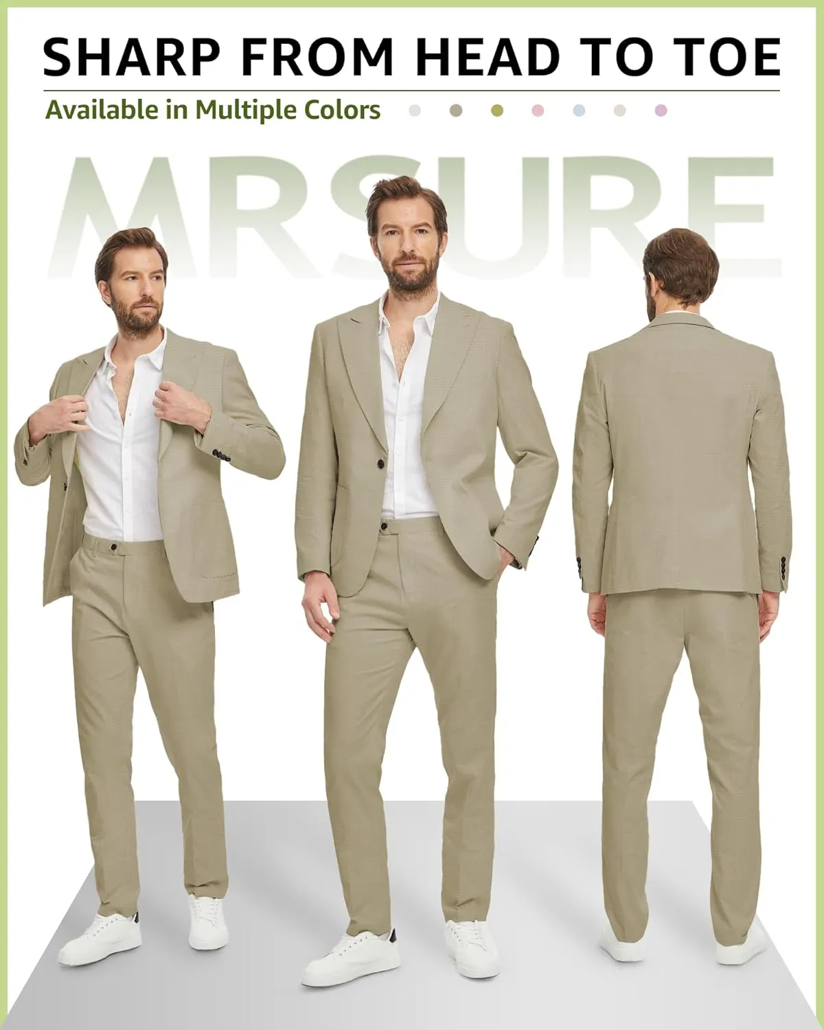 MrSure 2-Piece Mens Linen Suit, Slim Fit Blazer Pants Suit Set for Casual Beach Wedding Summer Groomsmen