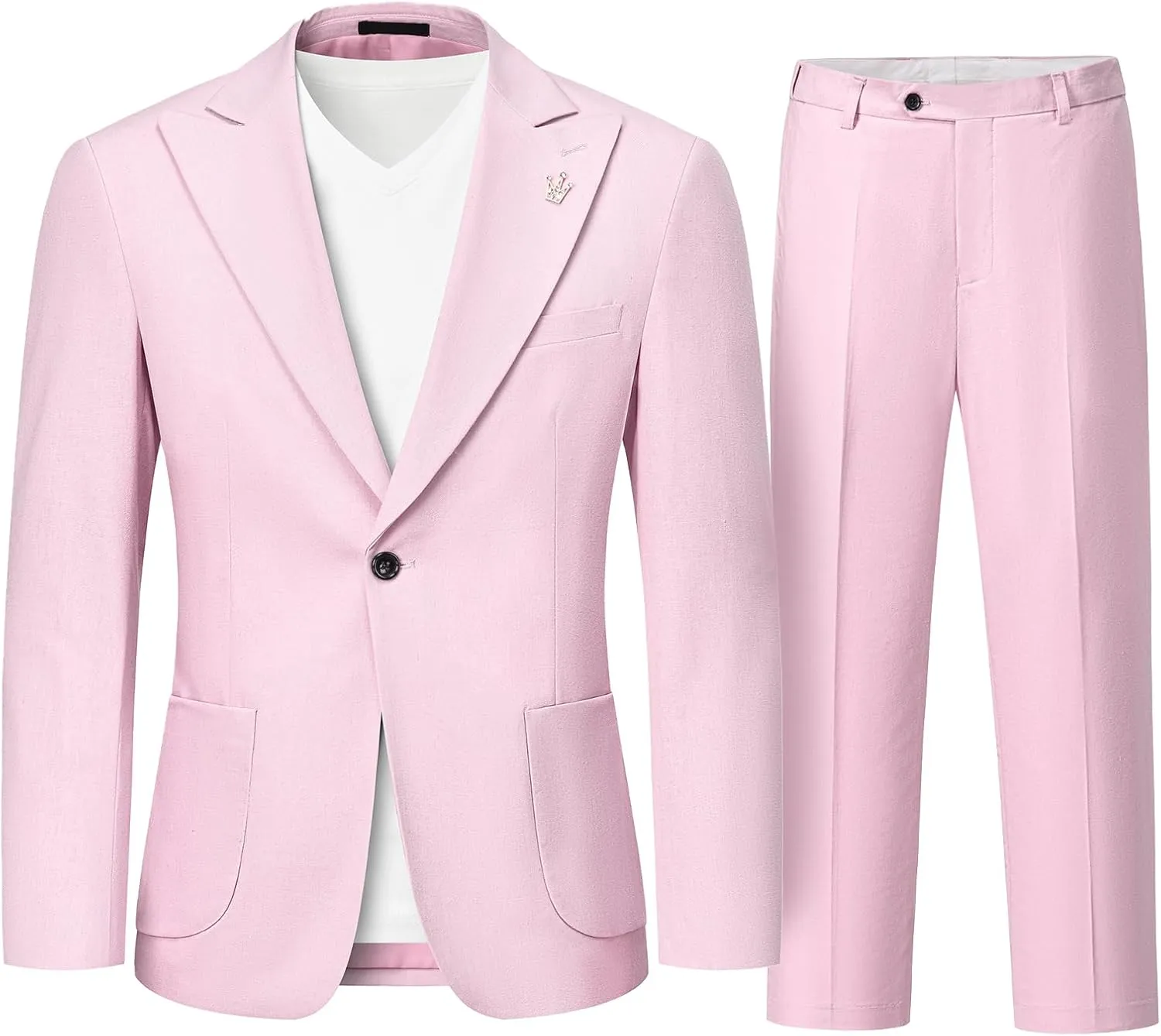 MrSure 2-Piece Mens Linen Suit, Slim Fit Blazer Pants Suit Set for Casual Beach Wedding Summer Groomsmen
