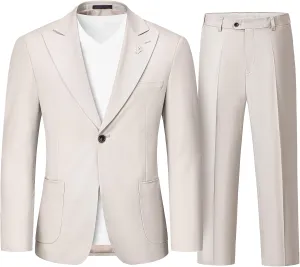 MrSure 2-Piece Mens Linen Suit, Slim Fit Blazer Pants Suit Set for Casual Beach Wedding Summer Groomsmen