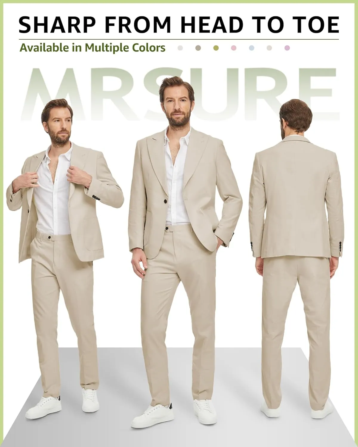 MrSure 2-Piece Mens Linen Suit, Slim Fit Blazer Pants Suit Set for Casual Beach Wedding Summer Groomsmen