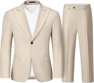 MrSure 2-Piece Mens Linen Suit, Slim Fit Blazer Pants Suit Set for Casual Beach Wedding Summer Groomsmen