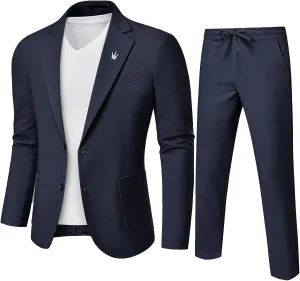 MrSure Men's 2-Piece Regular Fit Linen Suit, Two Buttons Lightweight Jacket and Pants for Prom, Beach Wedding, Casual, Summer