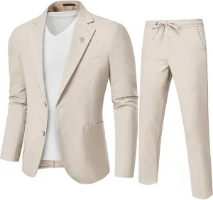 MrSure Men's 2-Piece Regular Fit Linen Suit, Two Buttons Lightweight Jacket and Pants for Prom, Beach Wedding, Casual, Summer