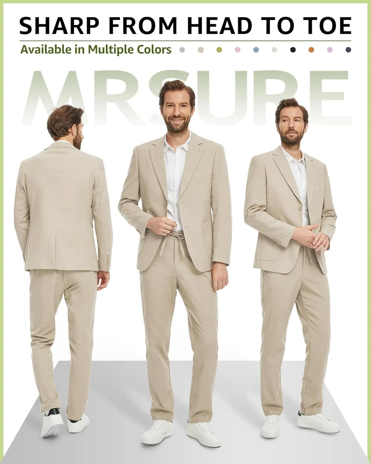 MrSure Men's 2-Piece Regular Fit Linen Suit, Two Buttons Lightweight Jacket and Pants for Prom, Beach Wedding, Casual, Summer